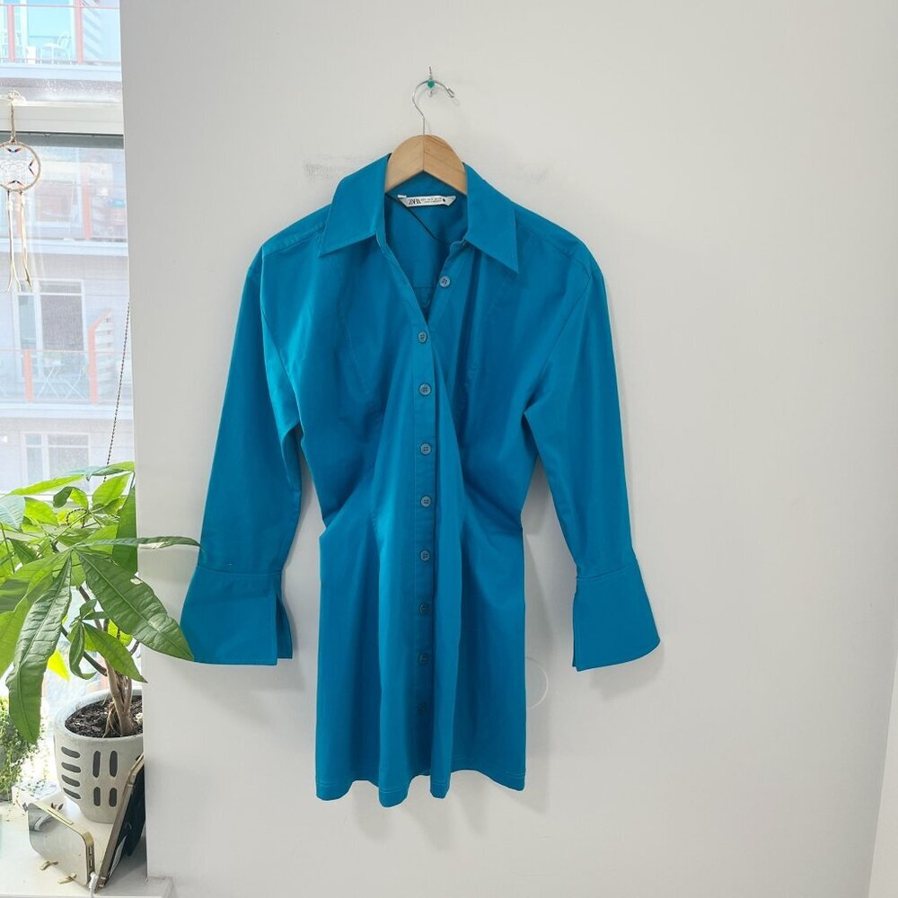Zara Blue Button Up Long Sleeve Shirt Dress Size Small